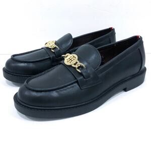Tommy Hilfiger Terina Black Loafers Gold Chain Logo Flats
